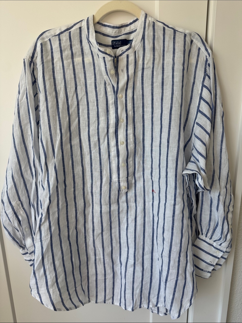 Polo by Ralph Lauren White and Navy Striped Linen Band-Collar Tunic